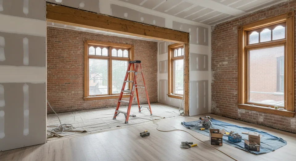 Main-floor home renovation in progress in a Woodstock, Ontario house with new drywall and flooring